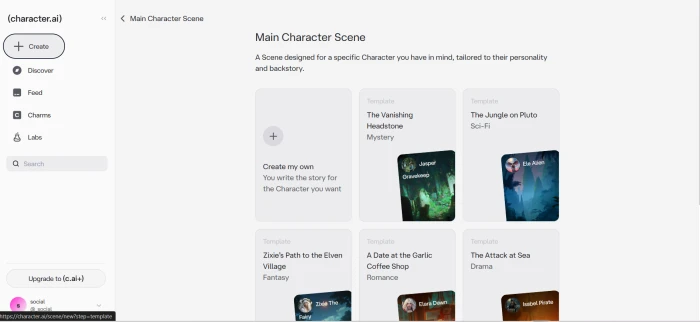 Character AI scene creation dashboard with backstory input player goal field and character selection for custom roleplay setup
