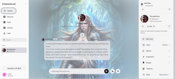 Character AI chat session after scene creation showing AI character response within the custom storm chest mystery roleplay context