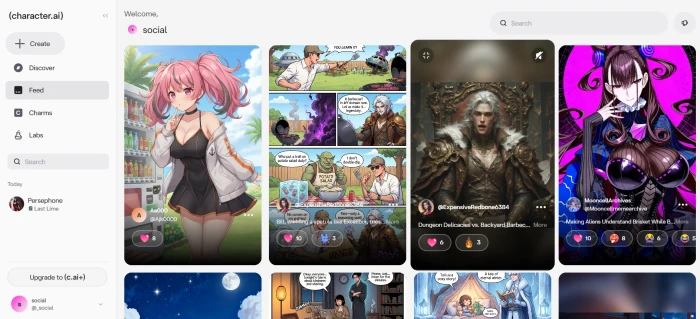 Character AI social feed dashboard showing community shared chats trending content and user generated stories