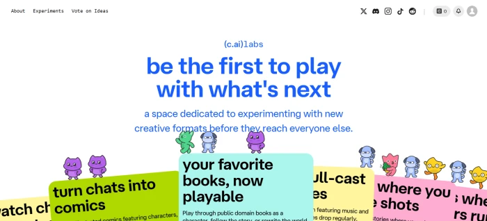 Character AI c.ai labs experimental features dashboard showing beta tools imagine gallery and new chat capabilities in development