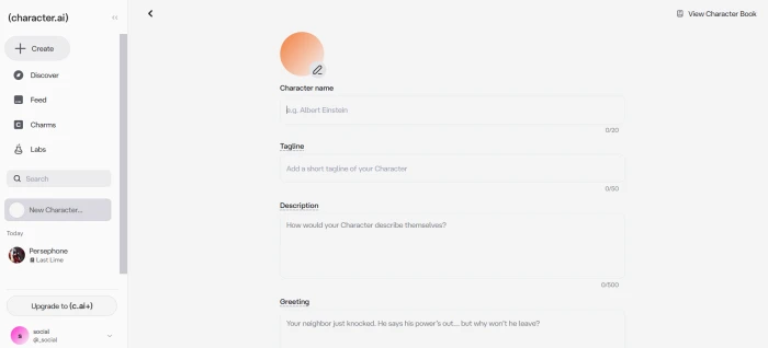 Character AI character creation dashboard with simple form fields for name tagline description and greeting message