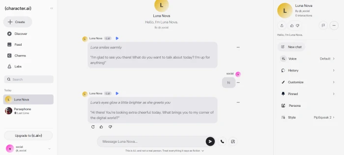 Character AI created character profile page showing custom character ready for community discovery and chat sessions