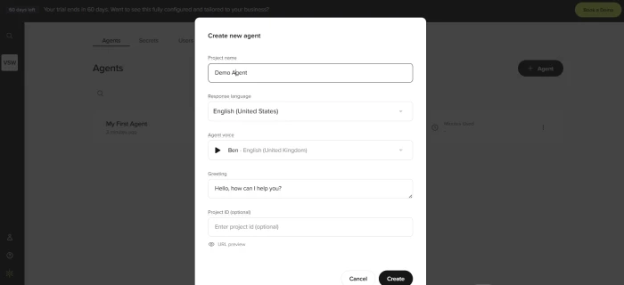 PolyAI Agent Builder wizard for creating new voice agent with name input and language selection