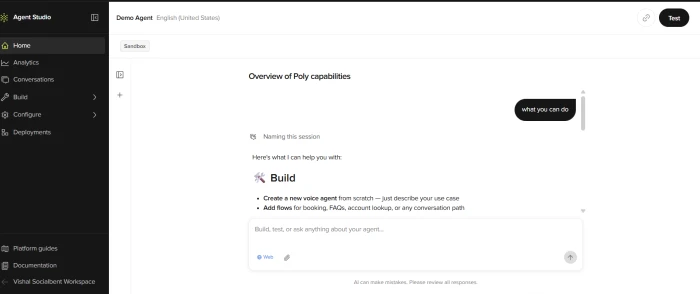 PolyAI agent chat session with first conversation showing capability overview response after creation