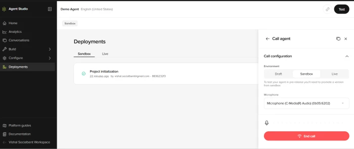 PolyAI deployment dashboard with phone number assignment and voice channel activation for calling created agent