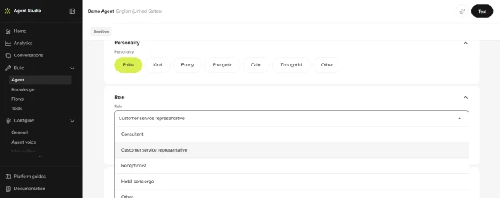 PolyAI agent customisation interface for adjusting tone role personality behavior and greeting configuration