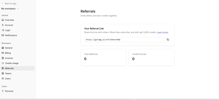 GetImg AI referral dashboard showing share link mechanic offering 3000 credits to both referrer and new subscriber