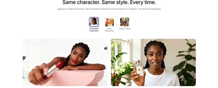 GetImg AI character consistency feature page showing same character across multiple generations from reference image