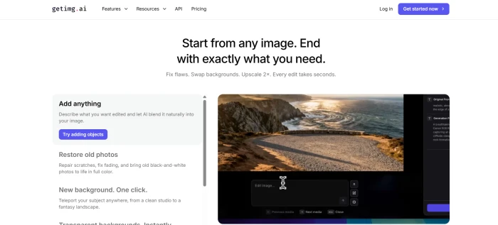GetImg AI reference image editing capability page showing transformation workflow from starting image to final output