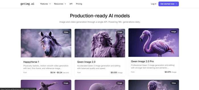 GetImg AI production-ready AI models page showing FLUX GPT Image Nano Banana Seedream and other available models