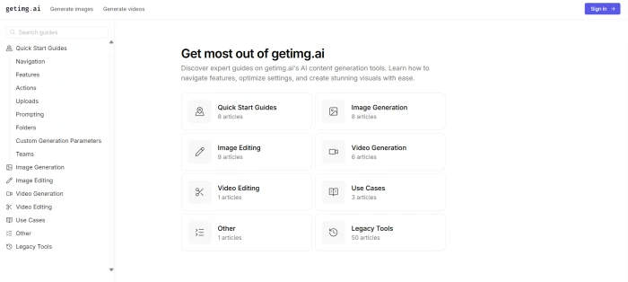 GetImg AI guides section dashboard with tutorials prompt engineering tips and model usage documentation