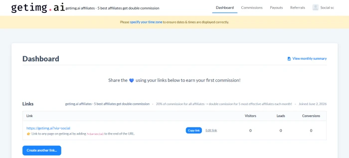 GetImg AI affiliate program dashboard with commission tracking referral link share controls and payout management