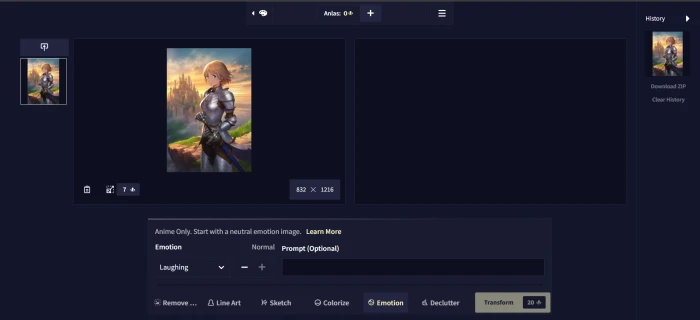 NovelAI Director Tools interface with generated warrior image loaded and emotion editing function selected showing laughing emotion option