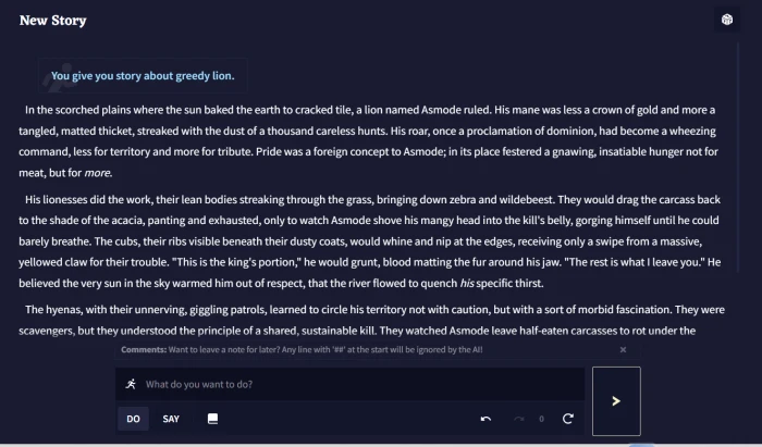 NovelAI generated story output from simple greedy lion prompt showing full multi-paragraph narrative with character development and arc