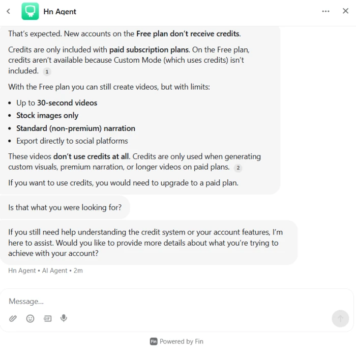 Hypernatural AI support chat conversation with Hn Agent confirming Free plan accounts do not receive credits and credits are only included with paid subscriptions
