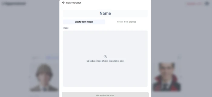 Hypernatural AI character generation dashboard with prompt input field reference image upload option and character creation controls