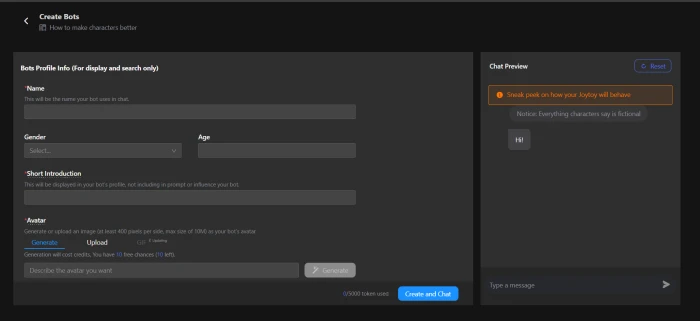 Joyland AI bot creation interface with character personality fields backstory description tags and avatar generation prompt input area