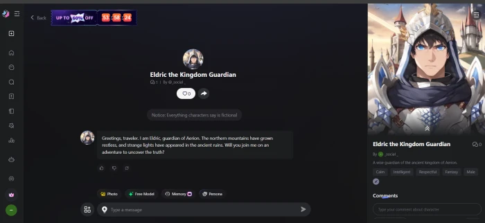 Joyland AI chat interface showing conversation with newly created fantasy warrior character including avatar message bubbles suggested response prompts and input controls