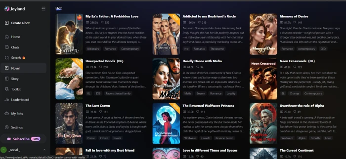 Joyland AI Novel mode dashboard with interactive storytelling sessions character driven narrative library and continue story options