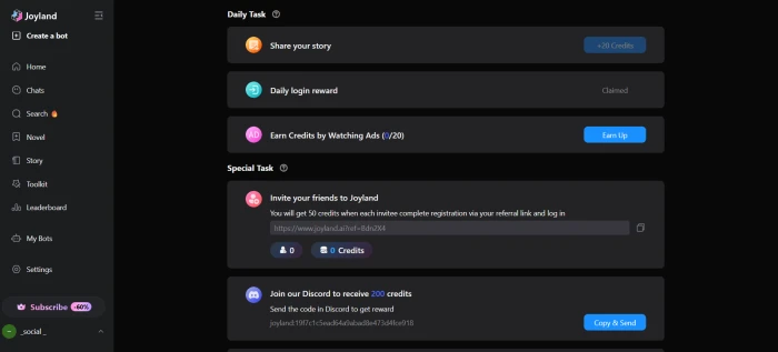 Joyland AI daily task dashboard showing gamification system with task completion rewards credit allocation and engagement tracking