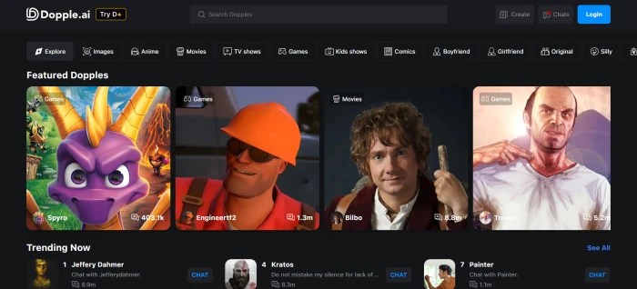 Dopple AI dashboard interface showing featured characters fandom categories trending discovery and create new Dopple entry point