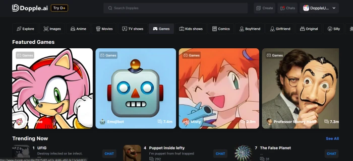 Dopple AI Games category browsing showing AI characters from gaming franchises pop-culture IPs and recognizable personalities