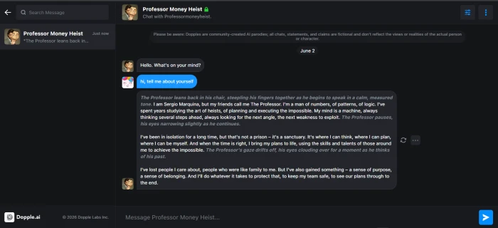 Dopple AI chat interface conversation with Professor character from Money Heist series showing in-character dialogue avatar message bubbles and response controls