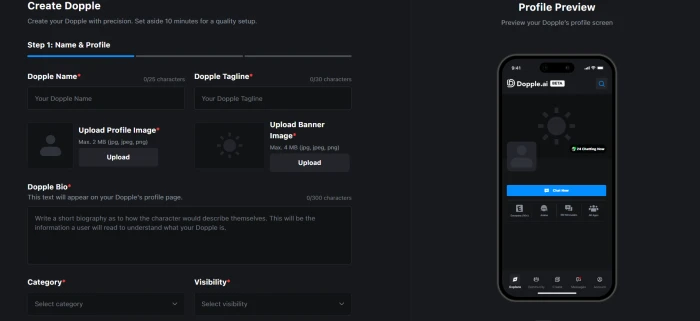 Dopple AI create new Dopple interface with persona description fields content rating selection greeting message input and sample conversation entry