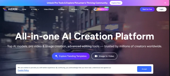 AIEase pre-login dashboard showing tool suite categories featured AI editing tools and signup entry point