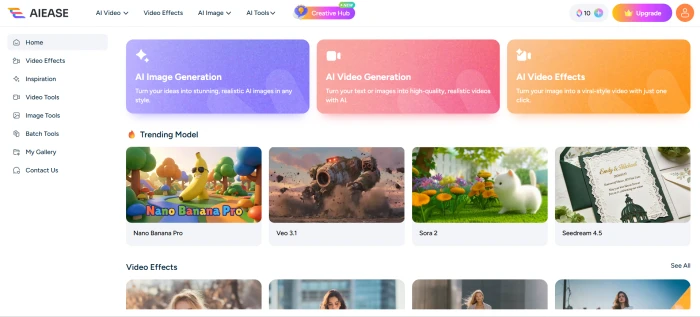 AIEase post-login dashboard interface with AI tool categories accessible image generation editing headshots and feature navigation
