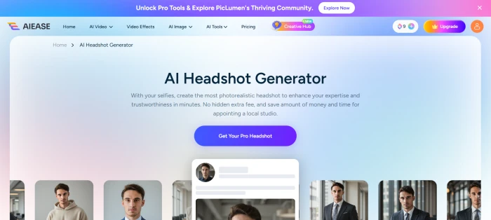 AIEase AI headshot generator interface with 100+ template styles professional creative headshot options and upload portrait controls