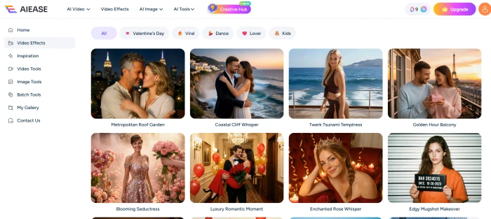 AIEase video effects interface with AI-powered video transformation styles effects gallery and upload controls
