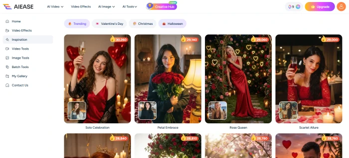 AIEase inspiration gallery showing community-created AI artwork curated styles and trending image examples