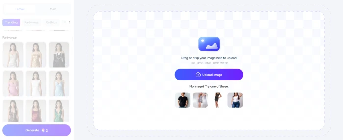 AIEase AI cloth changer interface with image upload area outfit style options and clothing transformation controls