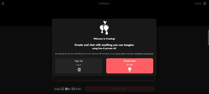 Frosting AI pre-login marketing dashboard showing Stable Diffusion features pricing tiers signup entry and AI image generator positioning