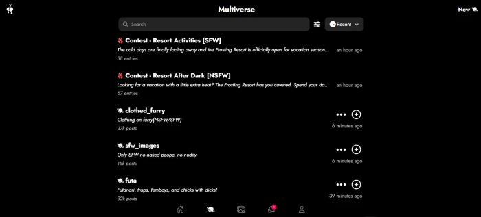 Frosting AI Multiverse community discovery dashboard with user-generated images browsing prompts community contests and shared artwork gallery