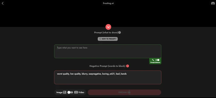 Frosting AI image generation dashboard interface with model selection aspect ratio controls style options and generation entry points