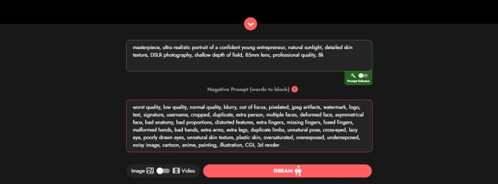 Frosting AI prompt input fields showing positive prompt for business executive portrait and detailed negative prompt for excluding artifacts