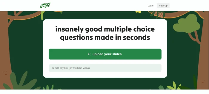 JungleAI pre-login marketing dashboard showing AI study tool features student-focused positioning and signup entry points