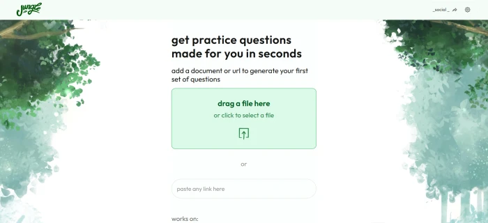 JungleAI post-login dashboard interface with file upload entry points study material library and learning workflow navigation