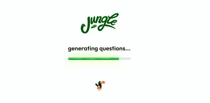 JungleAI question generation in progress screen showing AI processing uploaded file with progress indicator and content analysis status