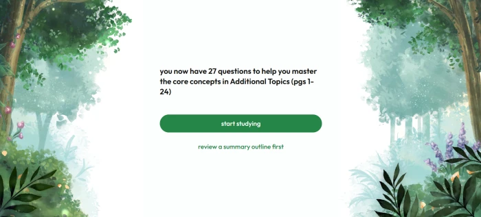 JungleAI question ready dashboard with start studying button review summary outline first button and study session entry options