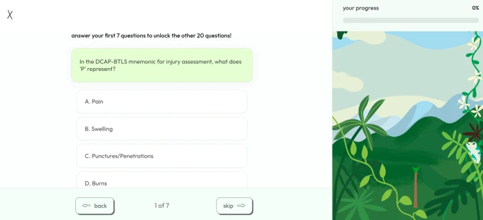 JungleAI question answer practice interface with multiple choice question display answer options feedback system and progression controls