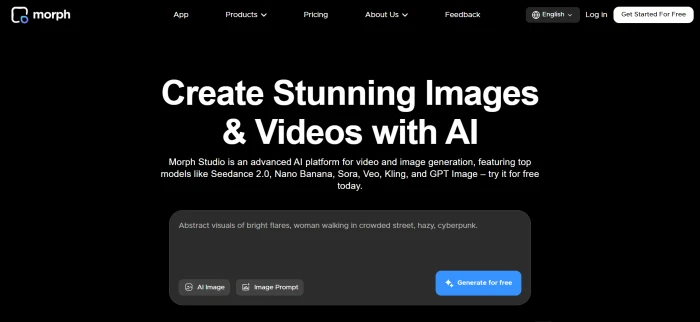 Morph Studio pre-login marketing dashboard showing AI video and image generation features Sora Veo Kling model access and signup entry points