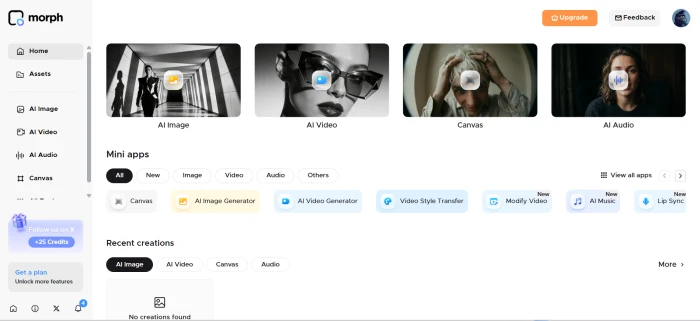 Morph Studio post-login authenticated dashboard with tool suite access video and image generation entry credit balance display and navigation