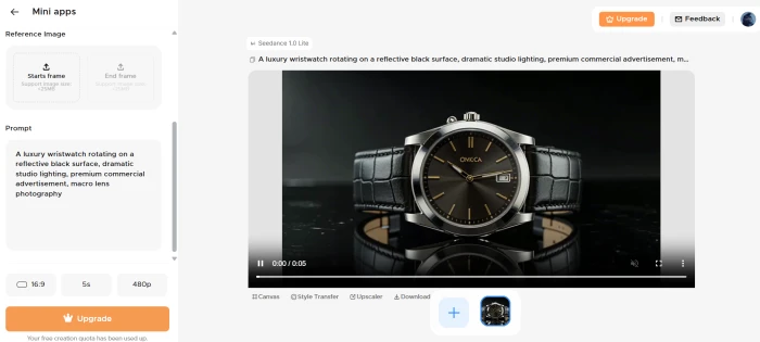 Morph Studio generated 5-second video result showing luxury wristwatch rotating on reflective black surface with dramatic studio lighting and macro photography aesthetic