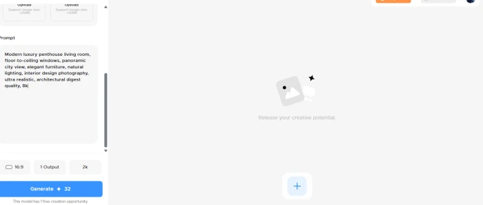 Morph Studio image generation interface with detailed architectural prompt input style selection aspect ratio controls and quality settings
