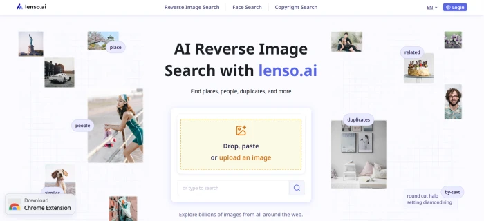 Lenso.ai pre-login marketing dashboard showing reverse image search features face recognition place detection duplicate finding and search category navigation