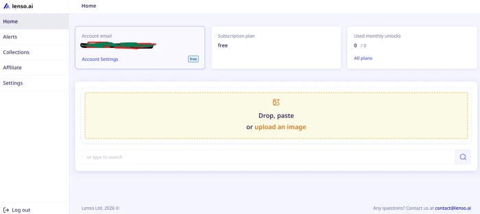 Lenso.ai post-login dashboard with image upload search entry account credit balance category navigation and search history controls