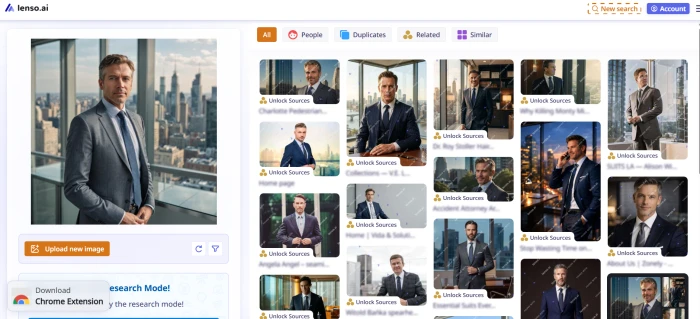 Lenso.ai reverse image search results page showing AI-generated input image at top and grid of similar images discovered across web with source URLs and match scores